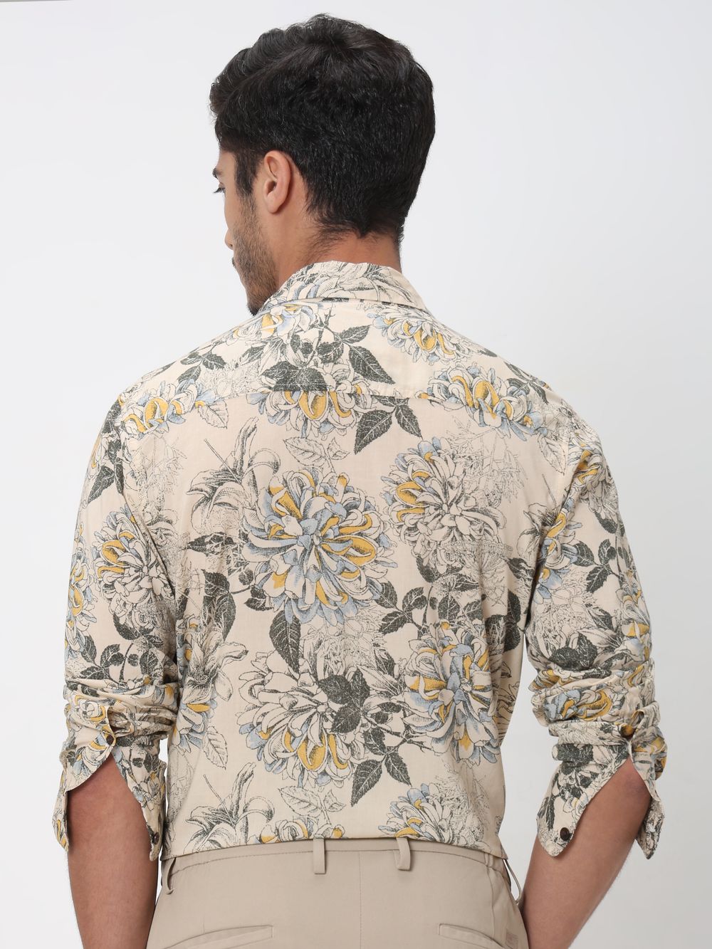 Beige Floral Print Slim Fit Casual Shirt