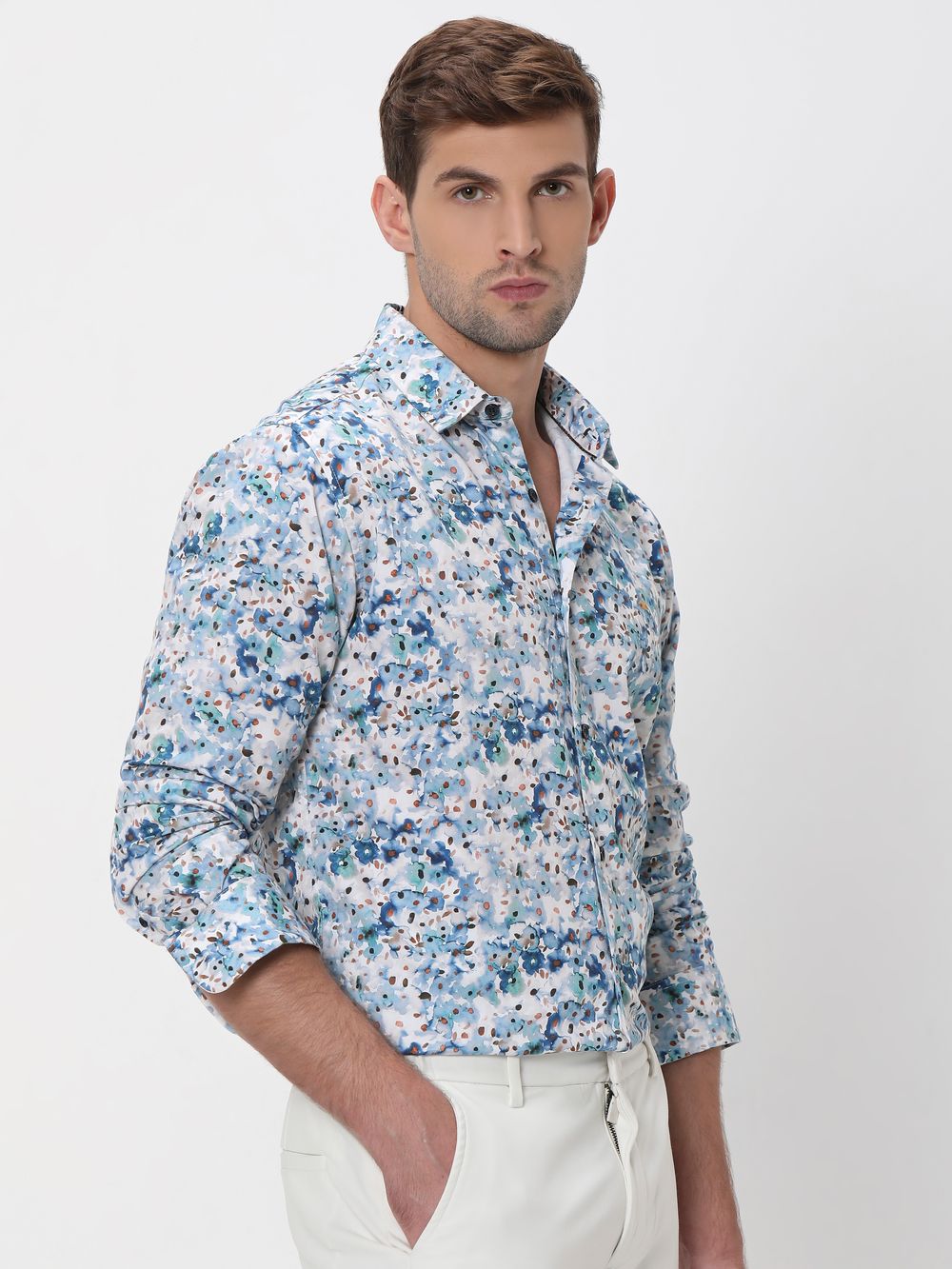 Blue Floral Print Slim Fit Casual Shirt