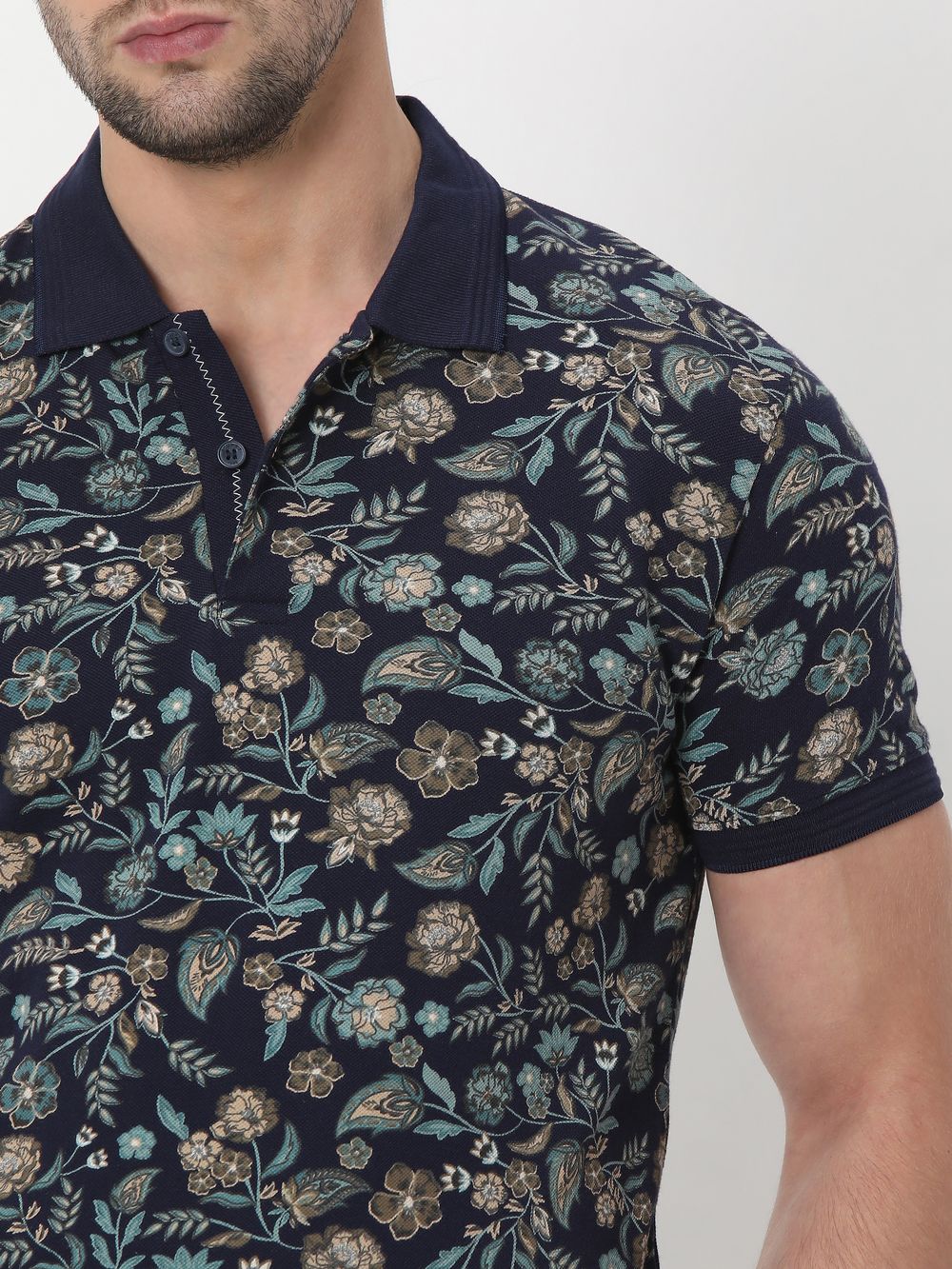 Navy & Multi Floral Print Polo T-Shirt