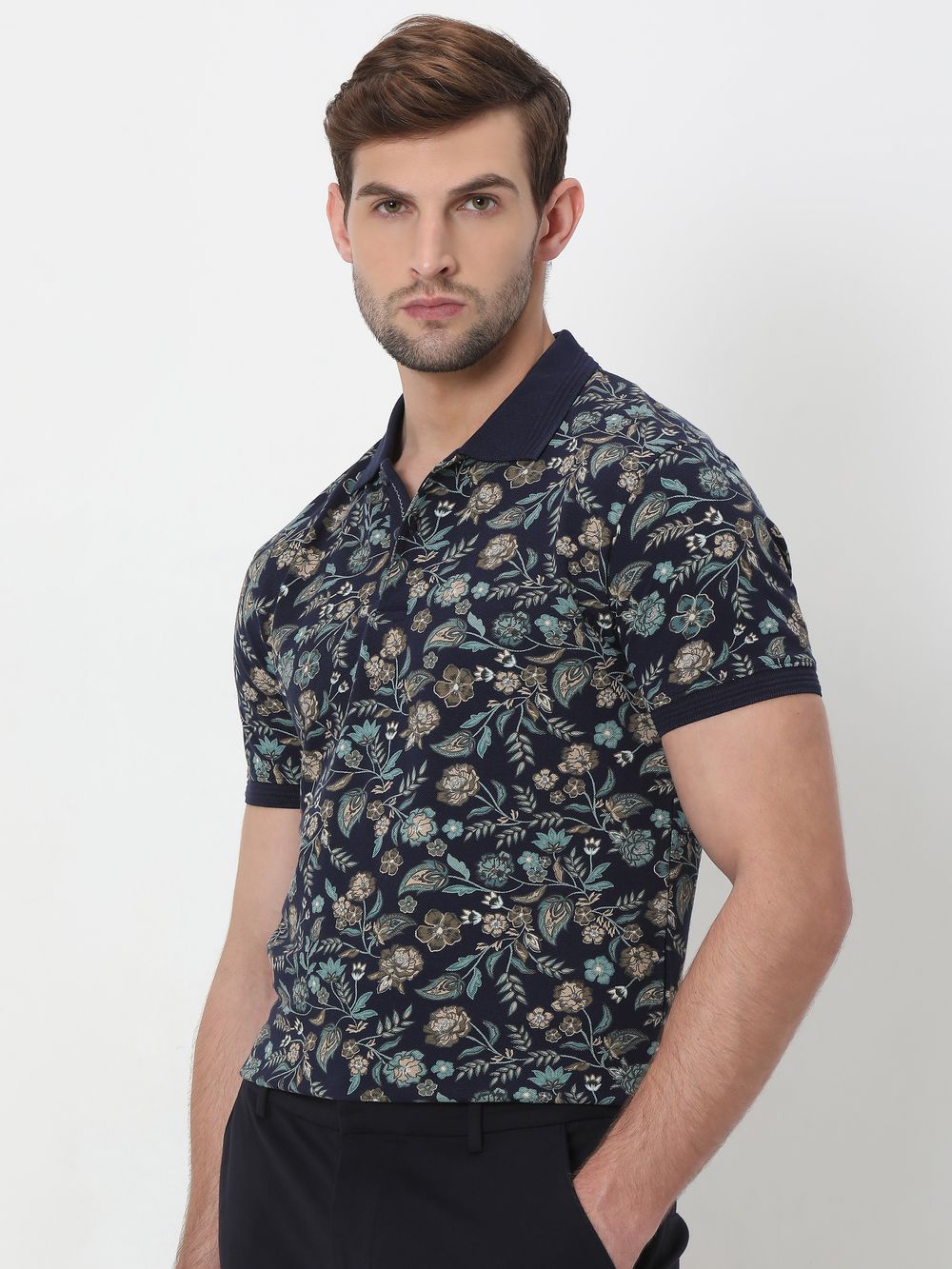 Navy & Multi Floral Print Polo T-Shirt