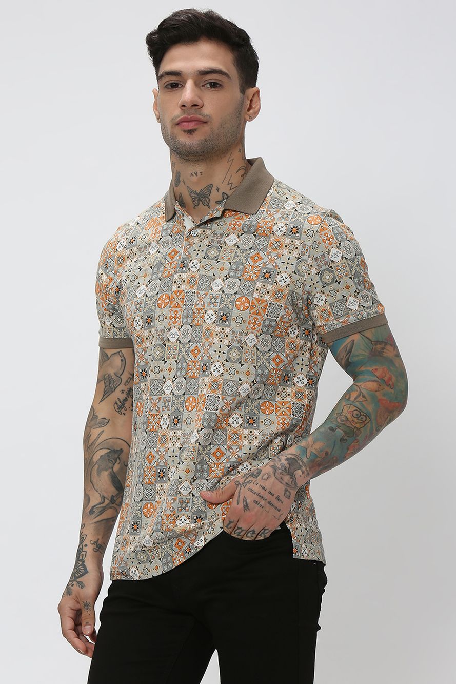 Beige & Multi Tile Print Polo T-Shirt