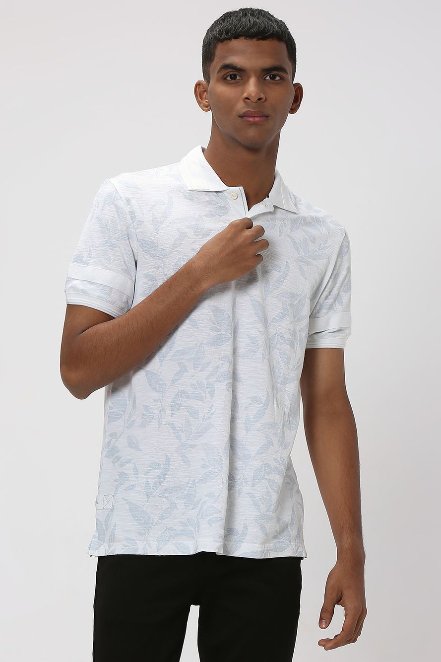 White & Light Grey Leaf Print Polo T-Shirt