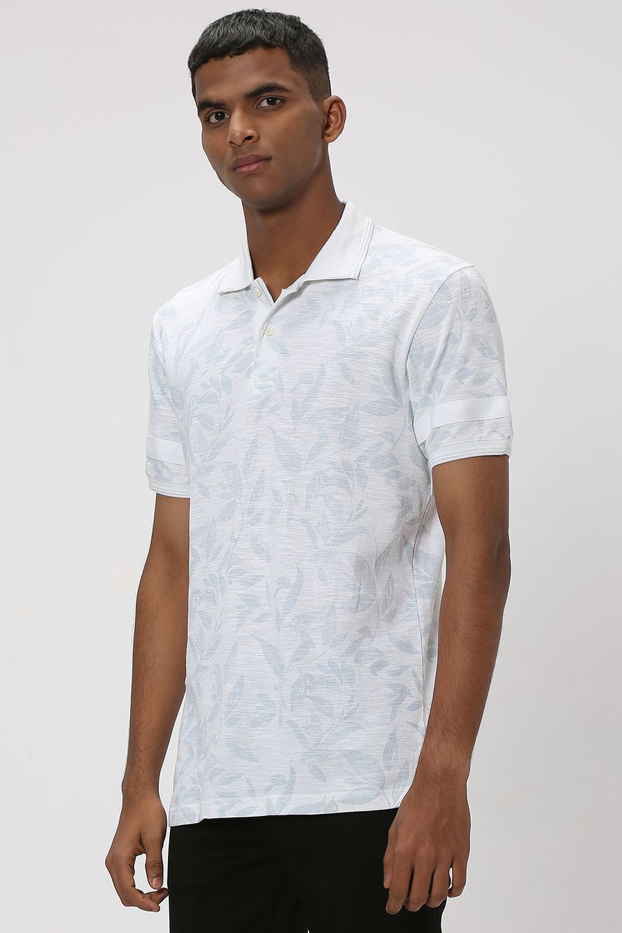 White & Light Grey Leaf Print Polo T-Shirt