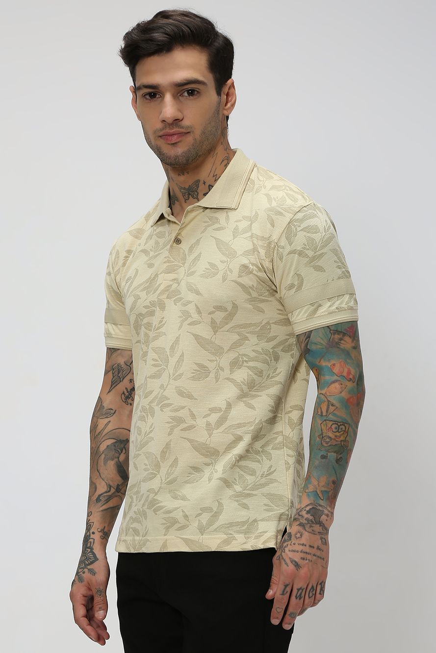 Beige & Khaki Leaf Print Polo T-Shirt