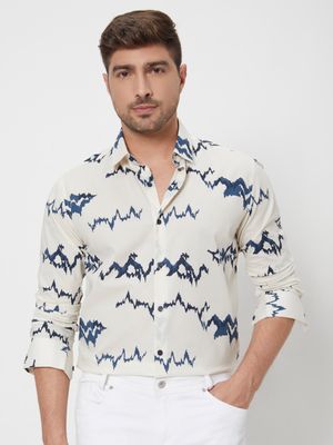 Off White & Navy Abstract Print Slim Fit Casual Shirt