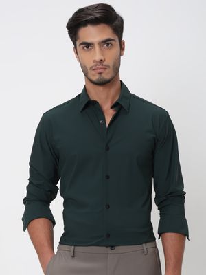 Green Stretch Plain Slim Fit Casual Shirt
