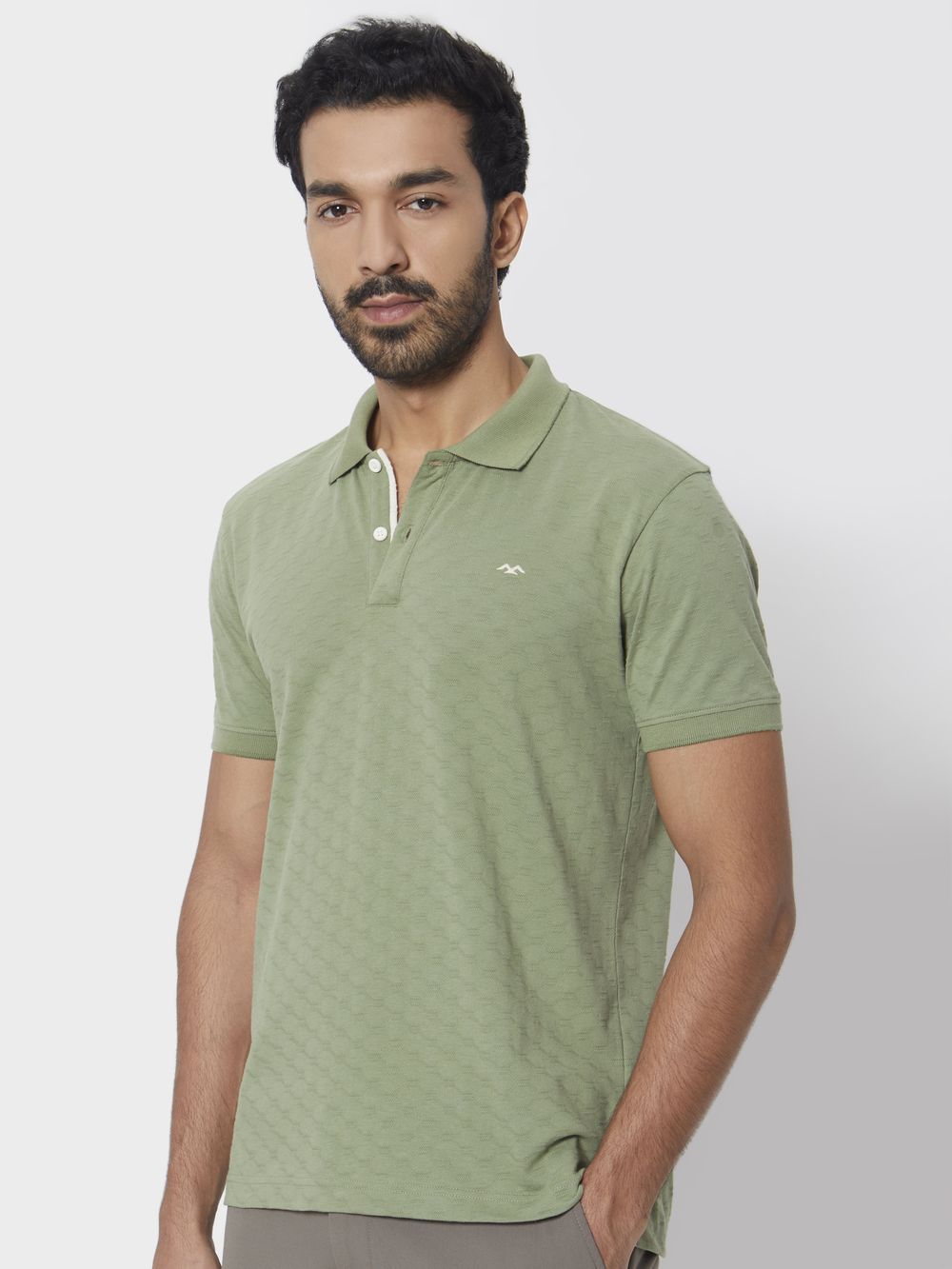 Light Olive Textured Plain Slim Fit Polo T-Shirt