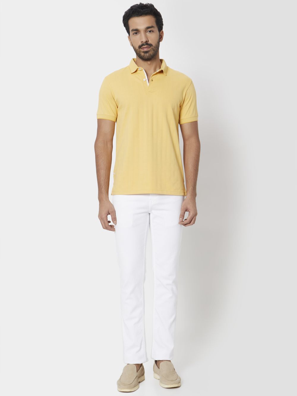 Mustard Textured Plain Slim Fit Polo T-Shirt