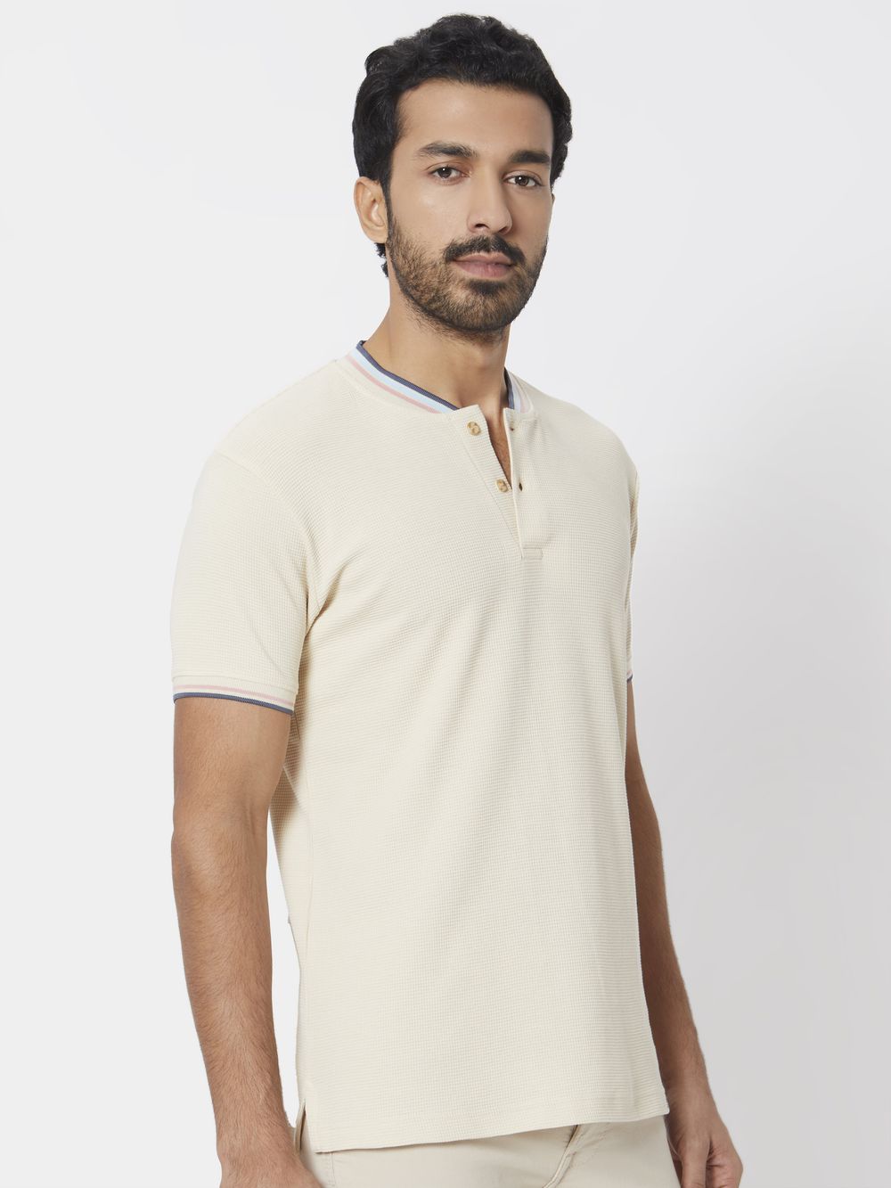 Off White Textured Tipped Collar Slim Fit Henley T-Shirt