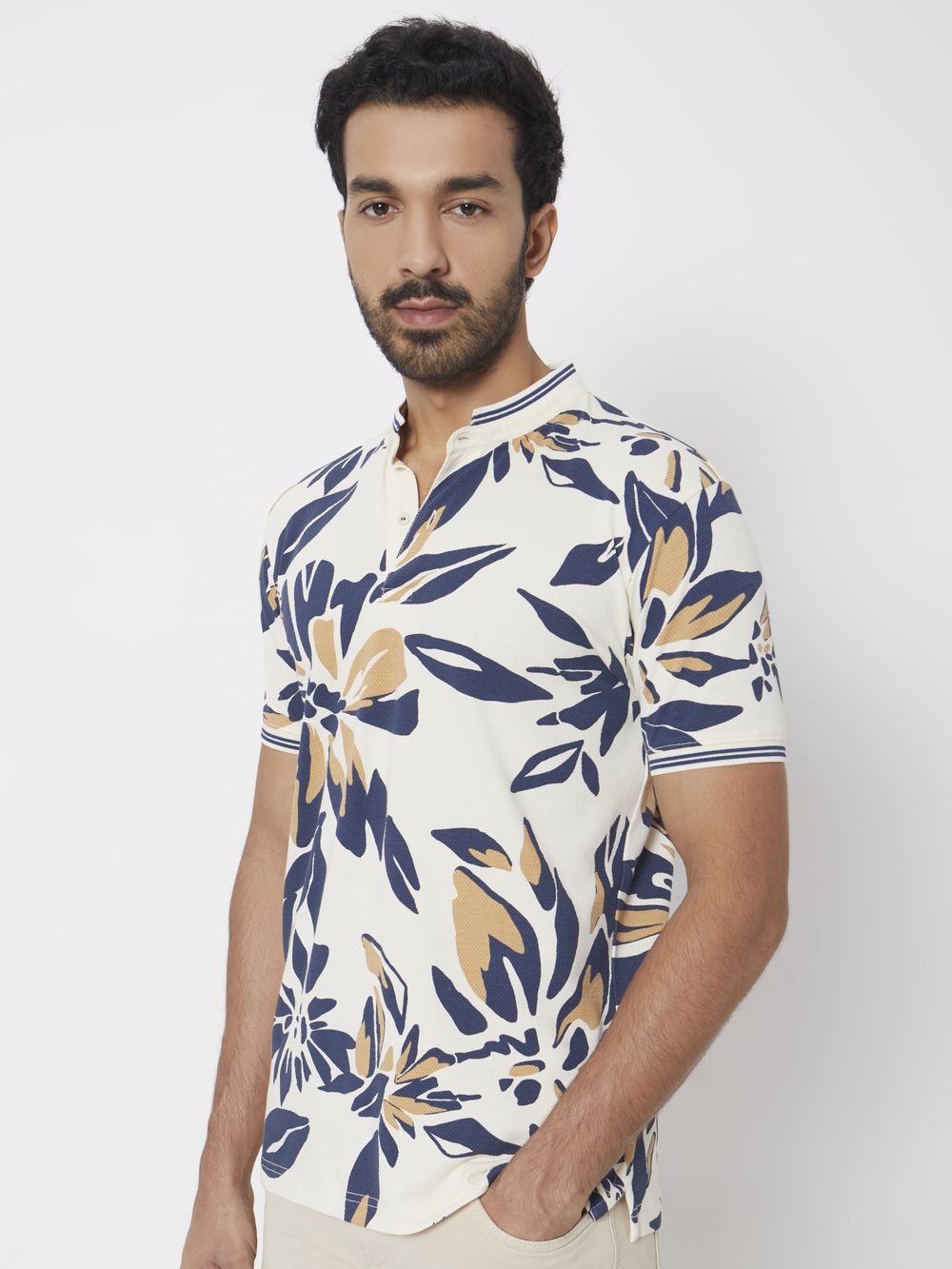 Off White Floral Print Slim Fit Henley T-Shirt