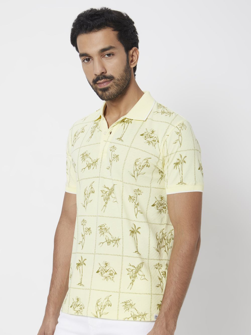 Light Yellow Resort Print Slim Fit Polo T-Shirt