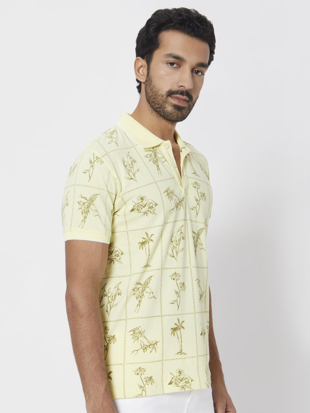 Light Yellow Resort Print Slim Fit Polo T-Shirt