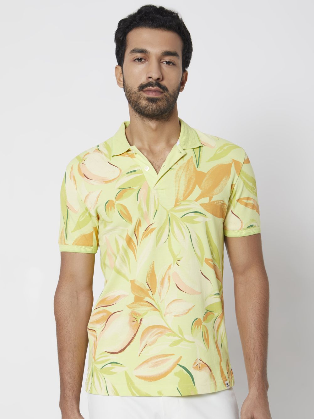 Yellow Leaf Print Slim Fit Polo T-Shirt