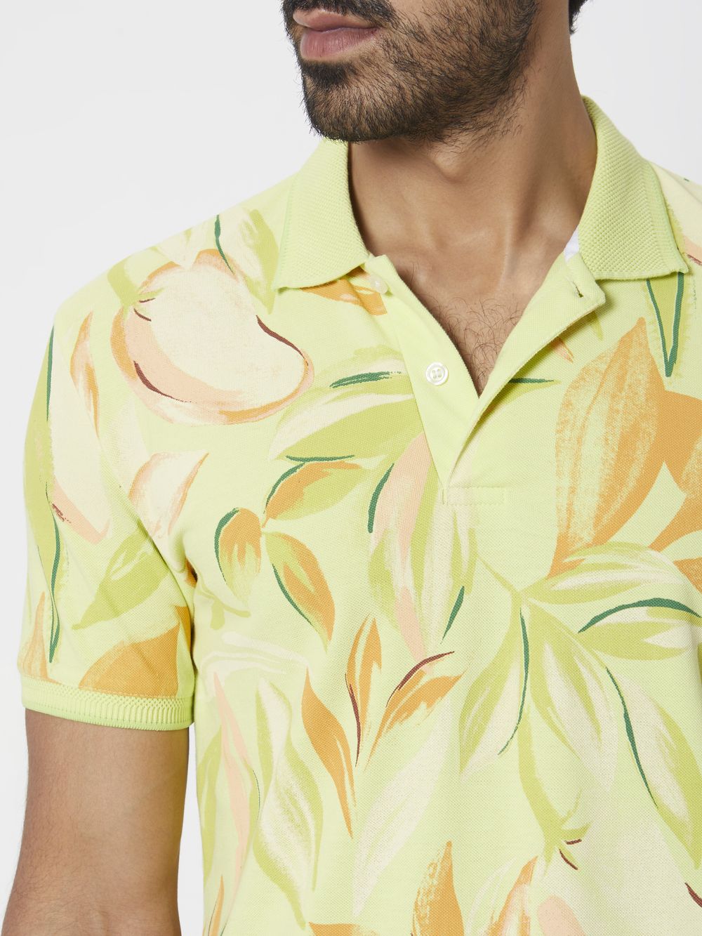 Yellow Leaf Print Slim Fit Polo T-Shirt