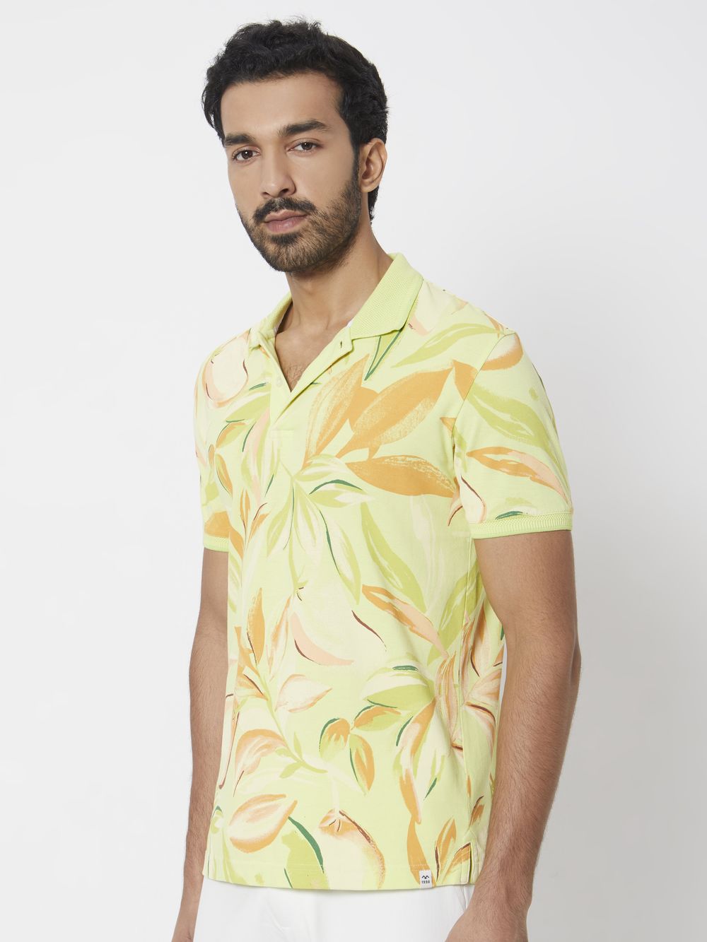 Yellow Leaf Print Slim Fit Polo T-Shirt