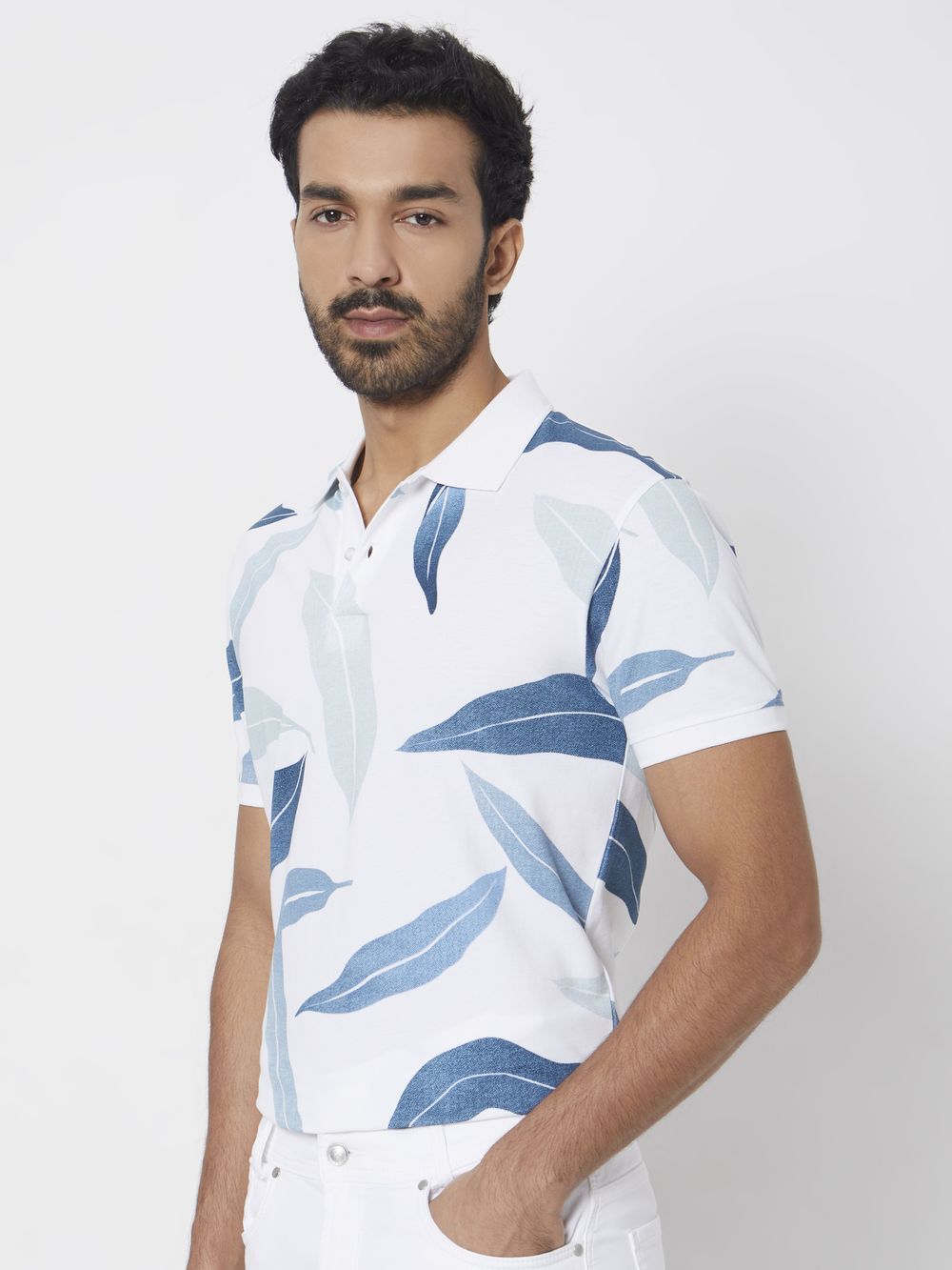 Off White Leaf Print Slim Fit Pique Polo T-Shirt