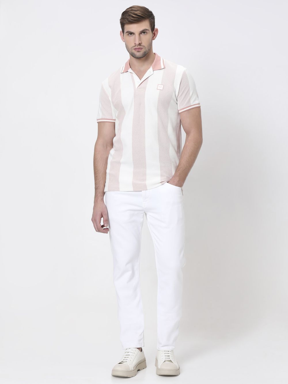 Peach Textured Stripe Slim Fit Polo T-Shirt