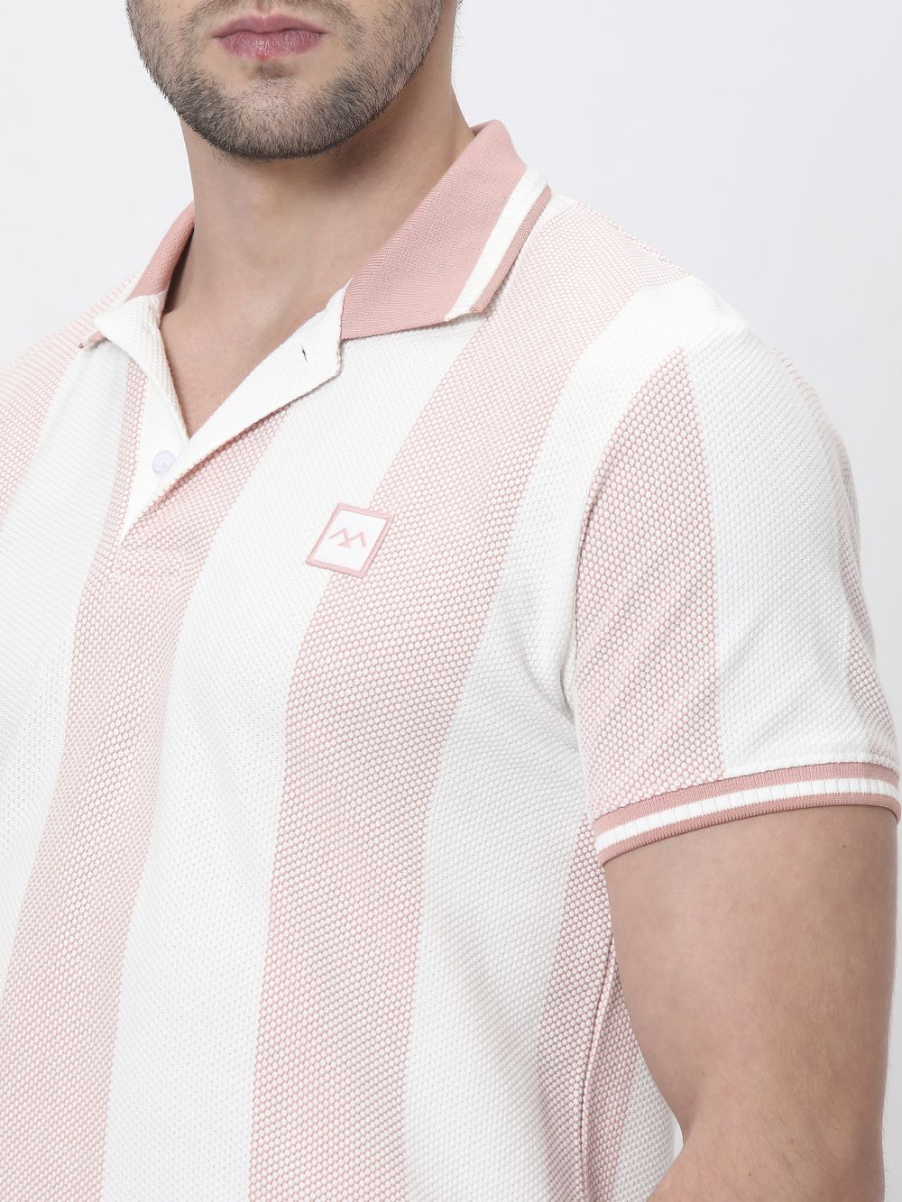 Peach Textured Stripe Slim Fit Polo T-Shirt