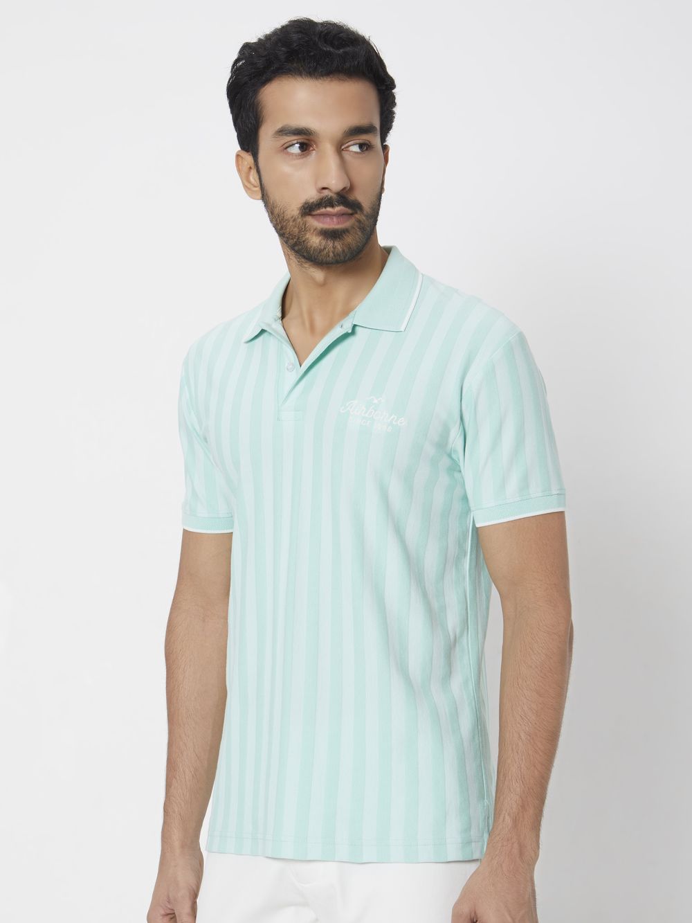 Light Green Textured Stripe Slim Fit Polo T-Shirt