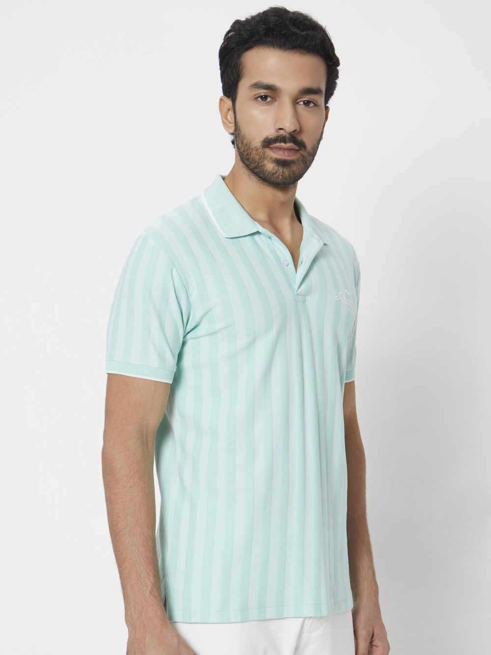 Light Green Textured Stripe Slim Fit Polo T-Shirt