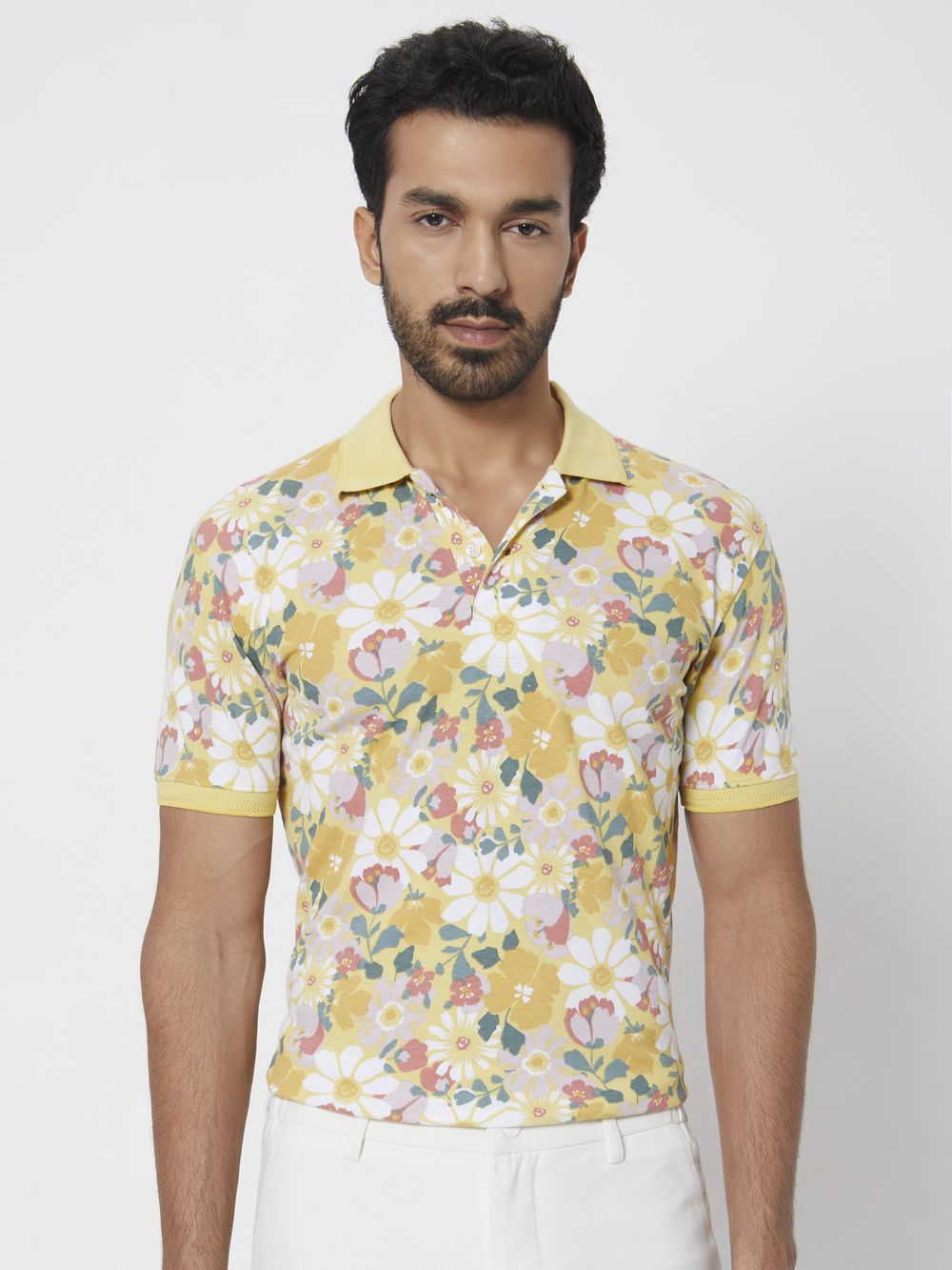 Yellow Floral Print Slim Fit Polo T-Shirt
