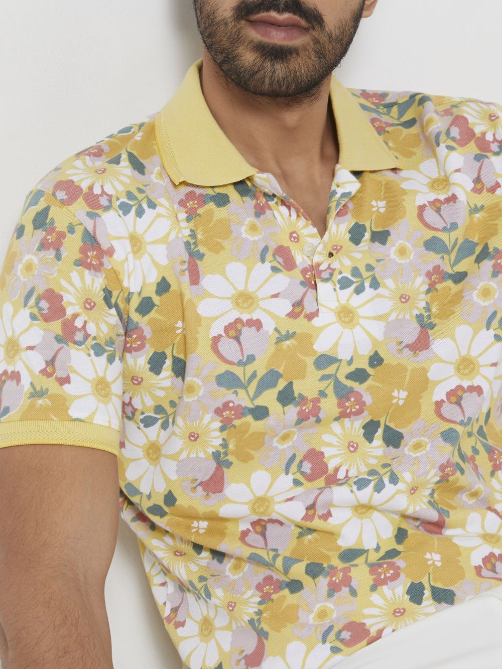 Yellow Floral Print Slim Fit Polo T-Shirt