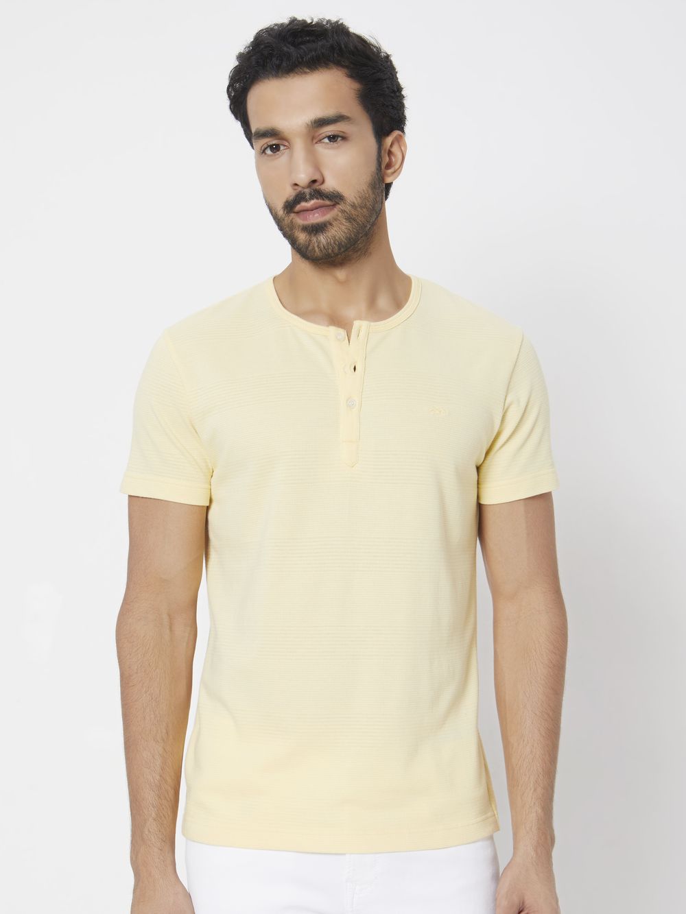 Yellow Textured Plain Slim Fit Henley T-Shirt