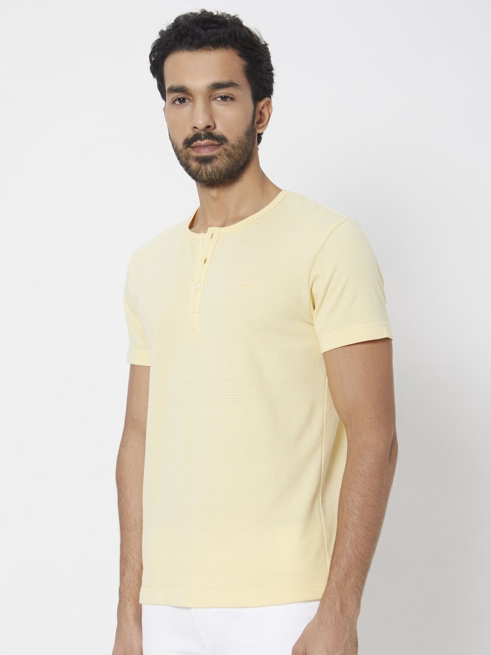 Yellow Textured Plain Slim Fit Henley T-Shirt