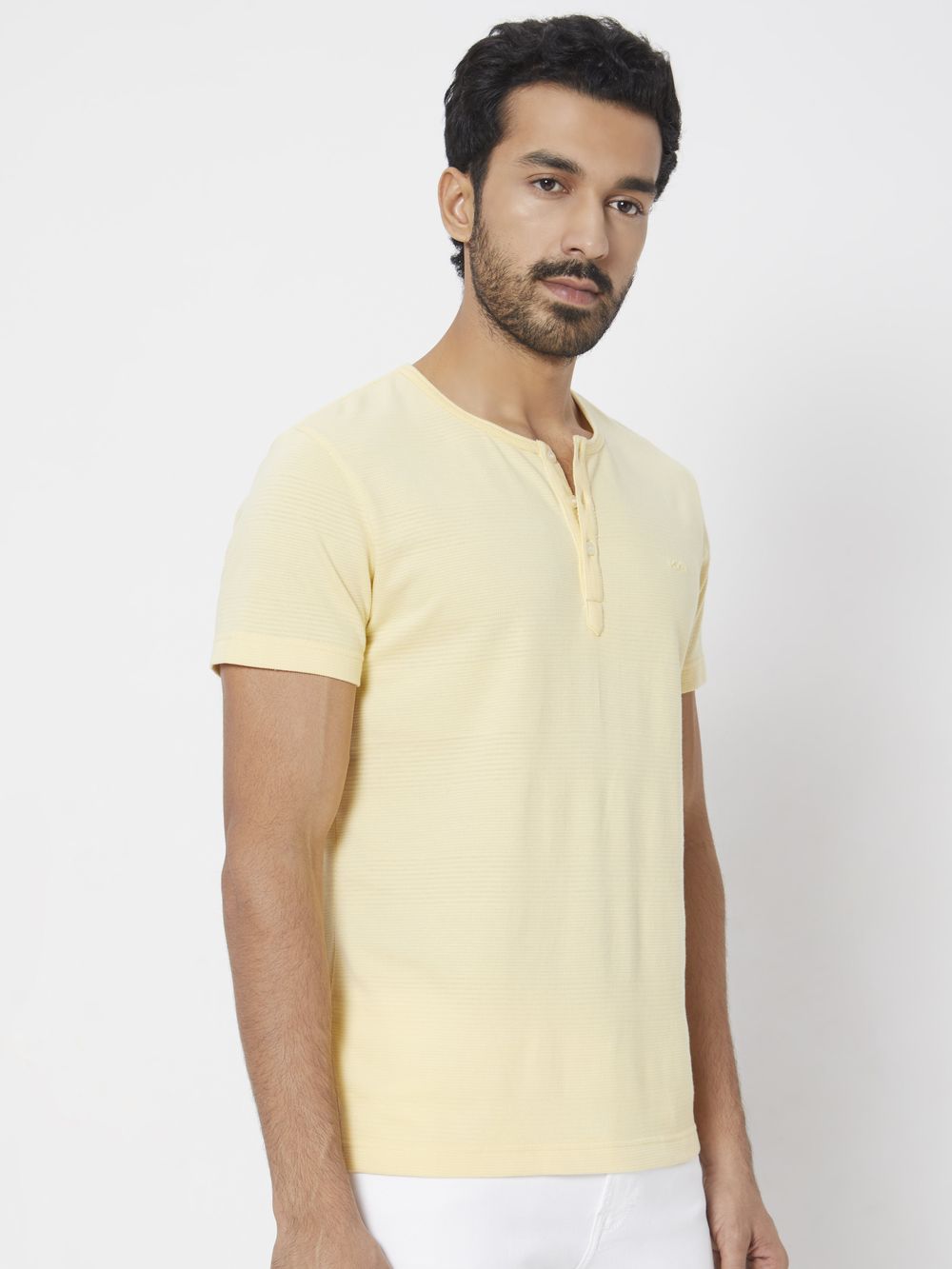 Yellow Textured Plain Slim Fit Henley T-Shirt