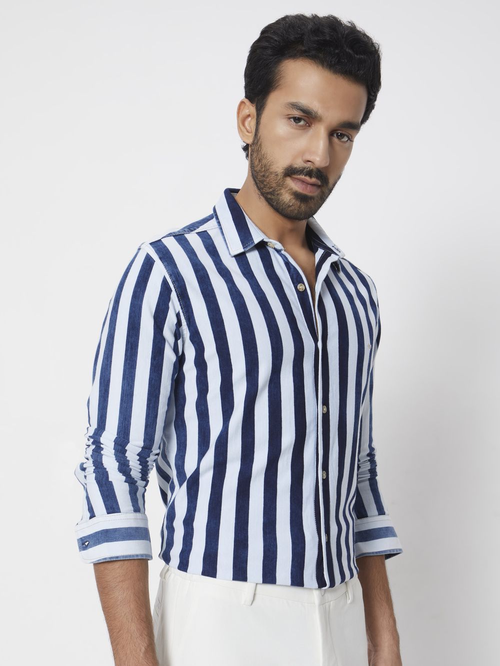 Indigo Blue Knitted Stripe Slim Fit Casual Shirt
