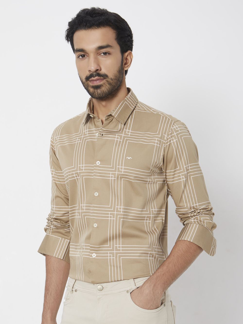 Khaki & White Printed Check Slim Fit Casual Shirt