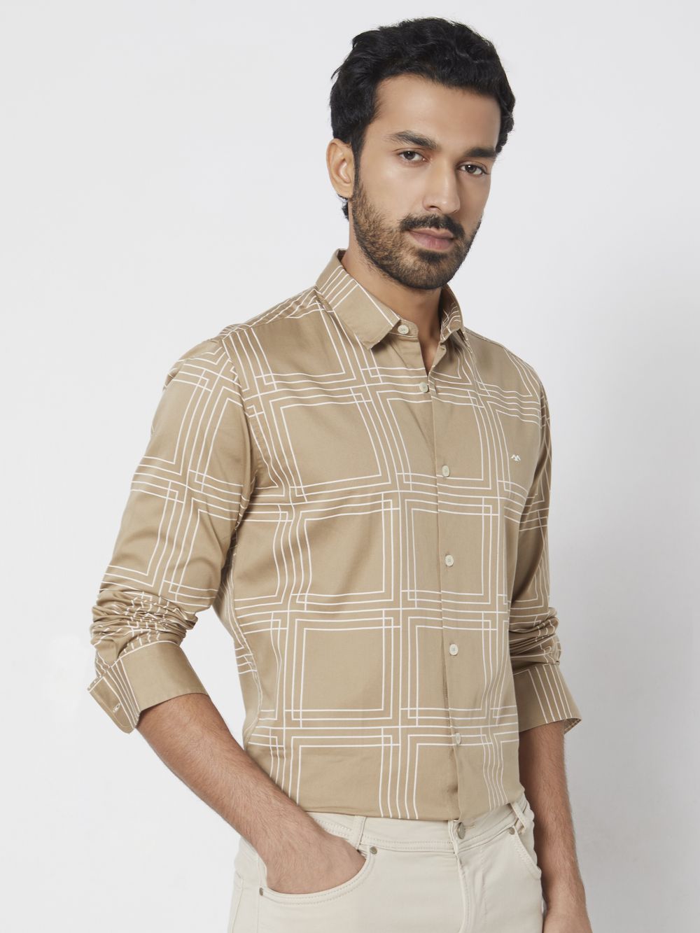 Khaki & White Printed Check Slim Fit Casual Shirt