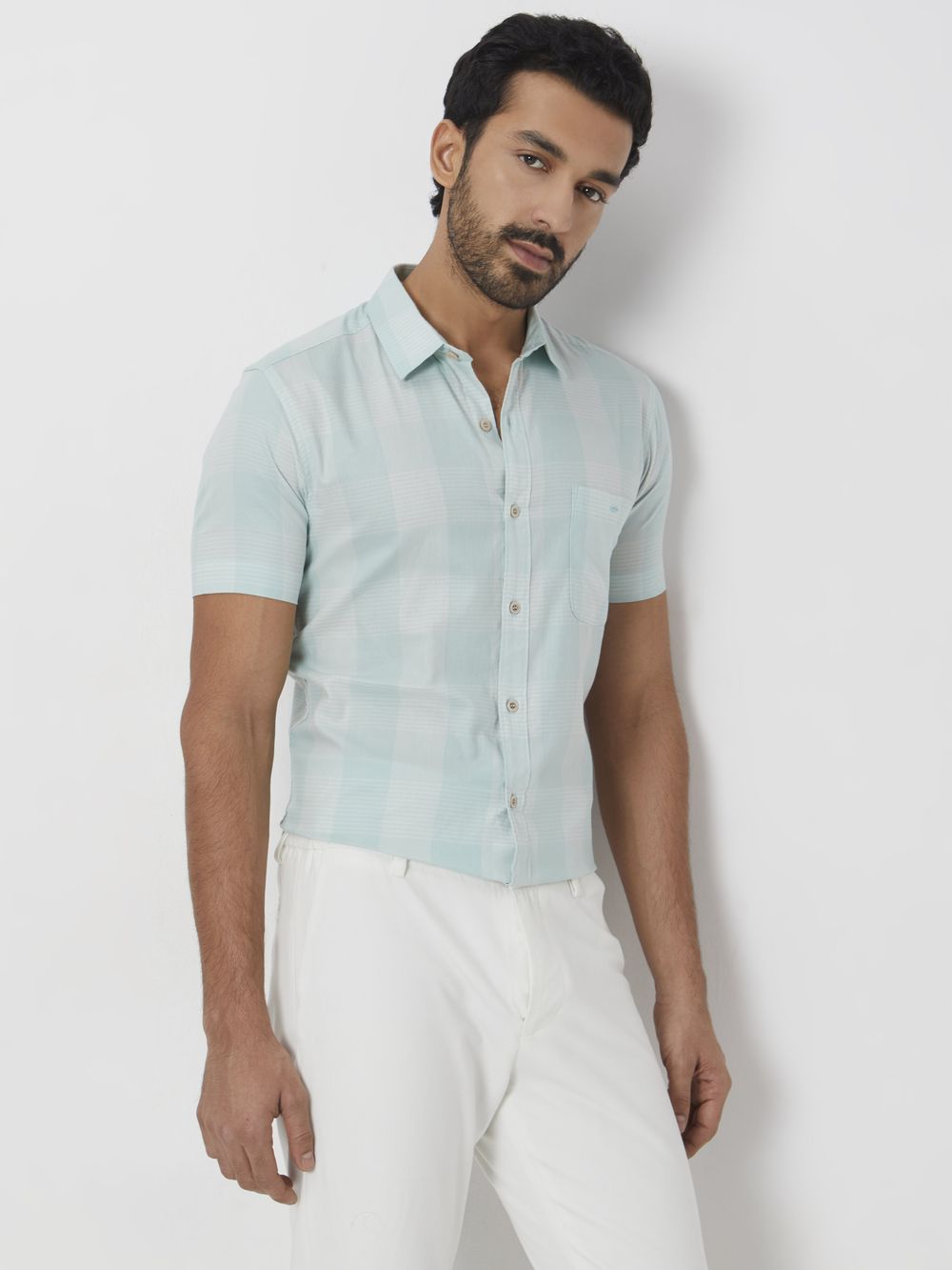 Light Green Tonal Check Slim Fit Casual Shirt