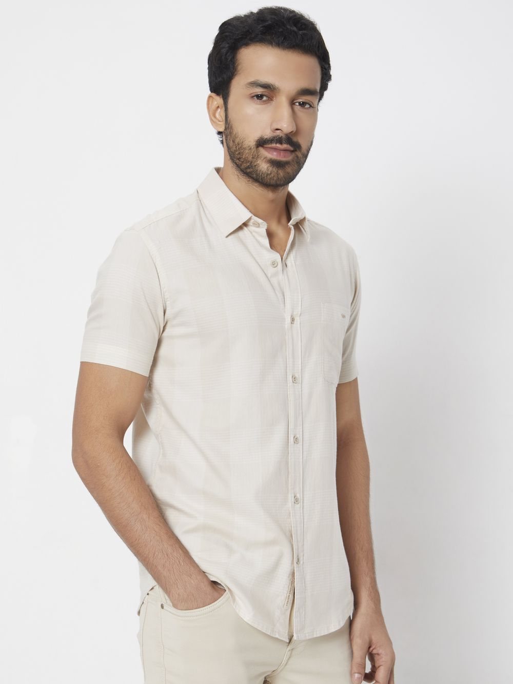 Beige Tonal Check Slim Fit Casual Shirt