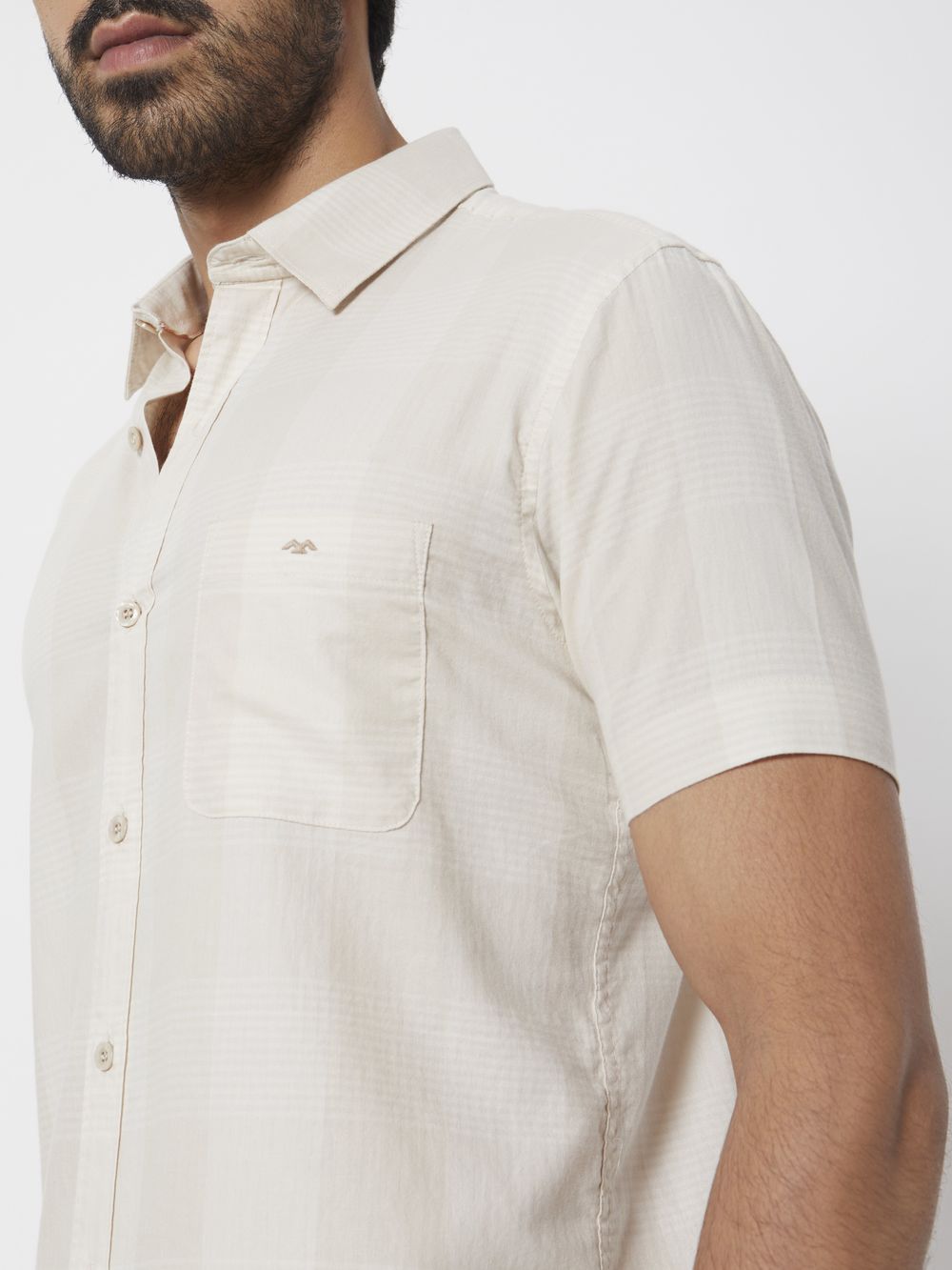 Beige Tonal Check Slim Fit Casual Shirt