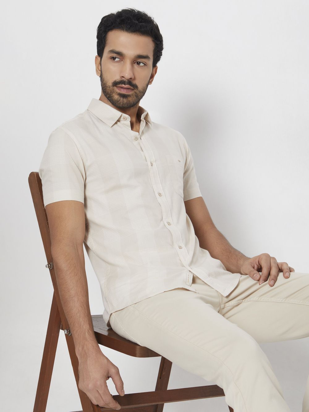 Beige Tonal Check Slim Fit Casual Shirt