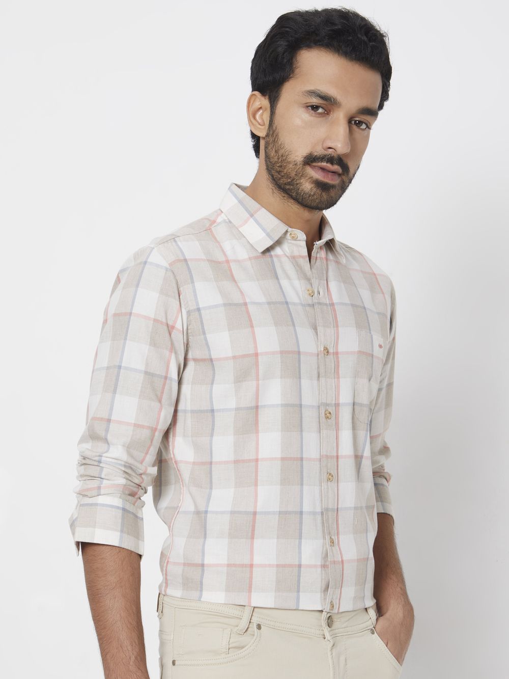 Light Khaki Large Check Slim Fit Casual Shirt