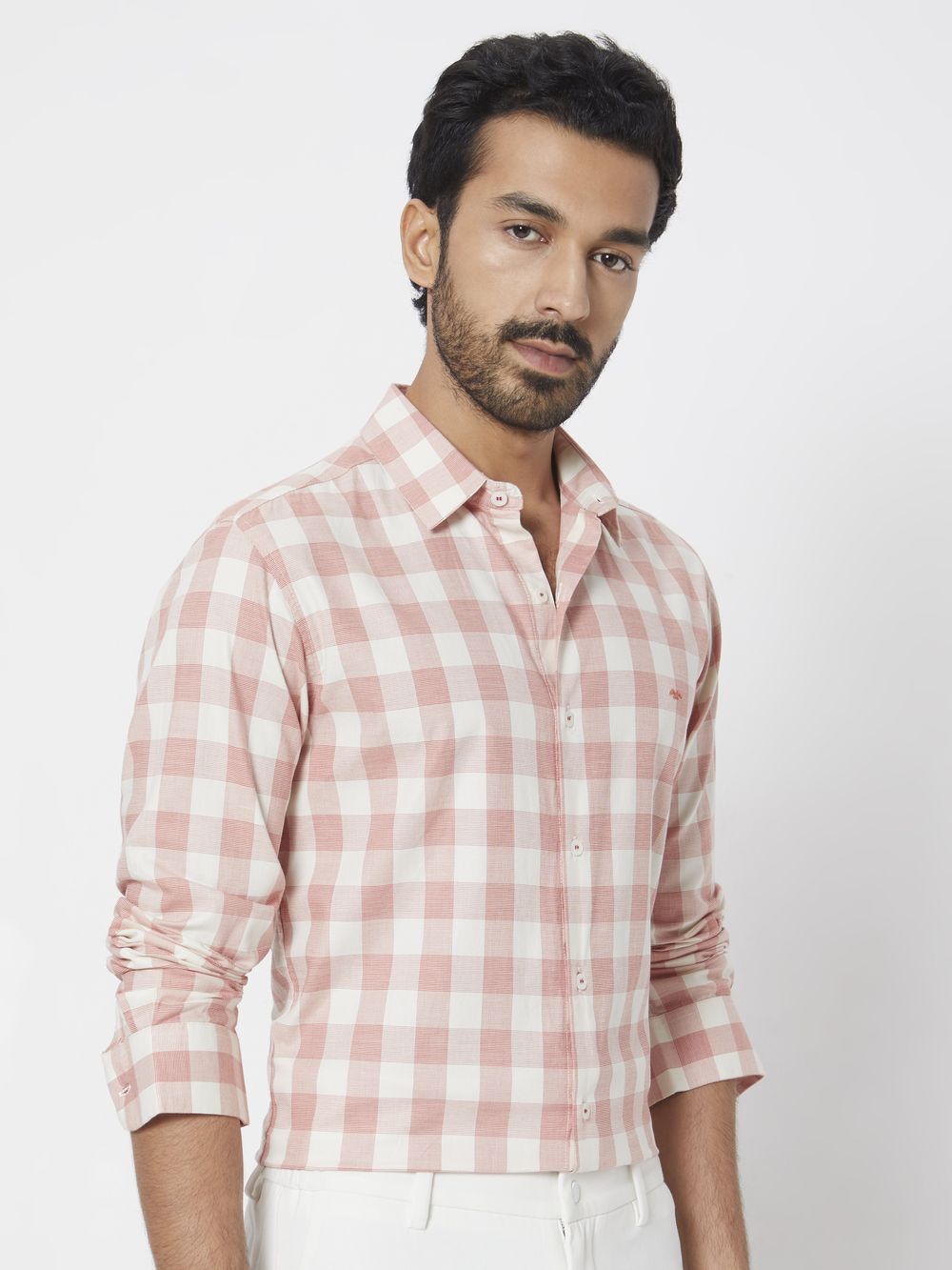 Pink Square Check Slim Fit Casual Shirt