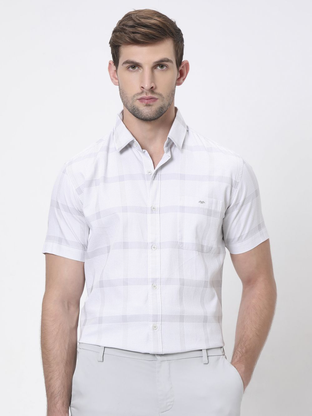 Light Grey Textured Check Slim Fit Casual Shirt