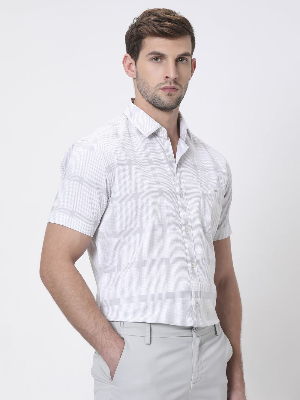 Light Grey Textured Check Slim Fit Casual Shirt