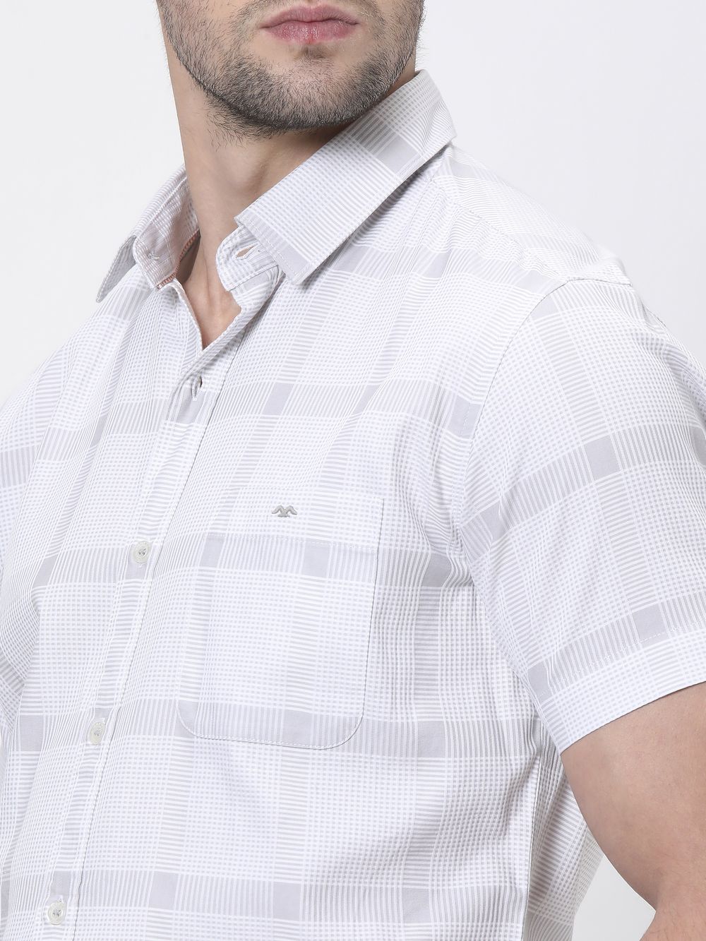 Light Grey Textured Check Slim Fit Casual Shirt