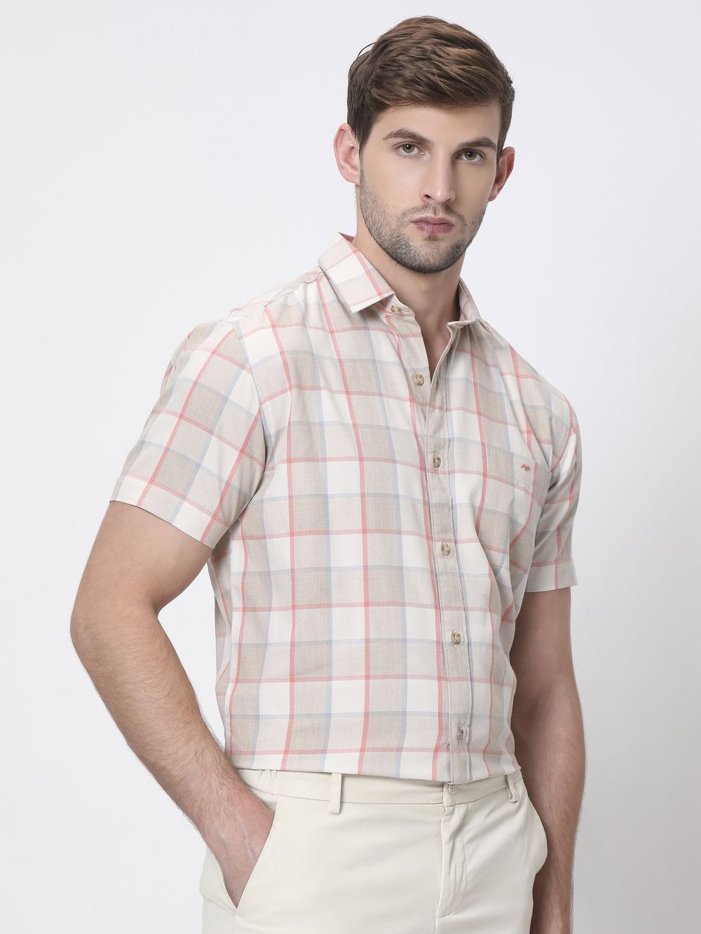 Light Khaki Square Check Slim Fit Casual Shirt