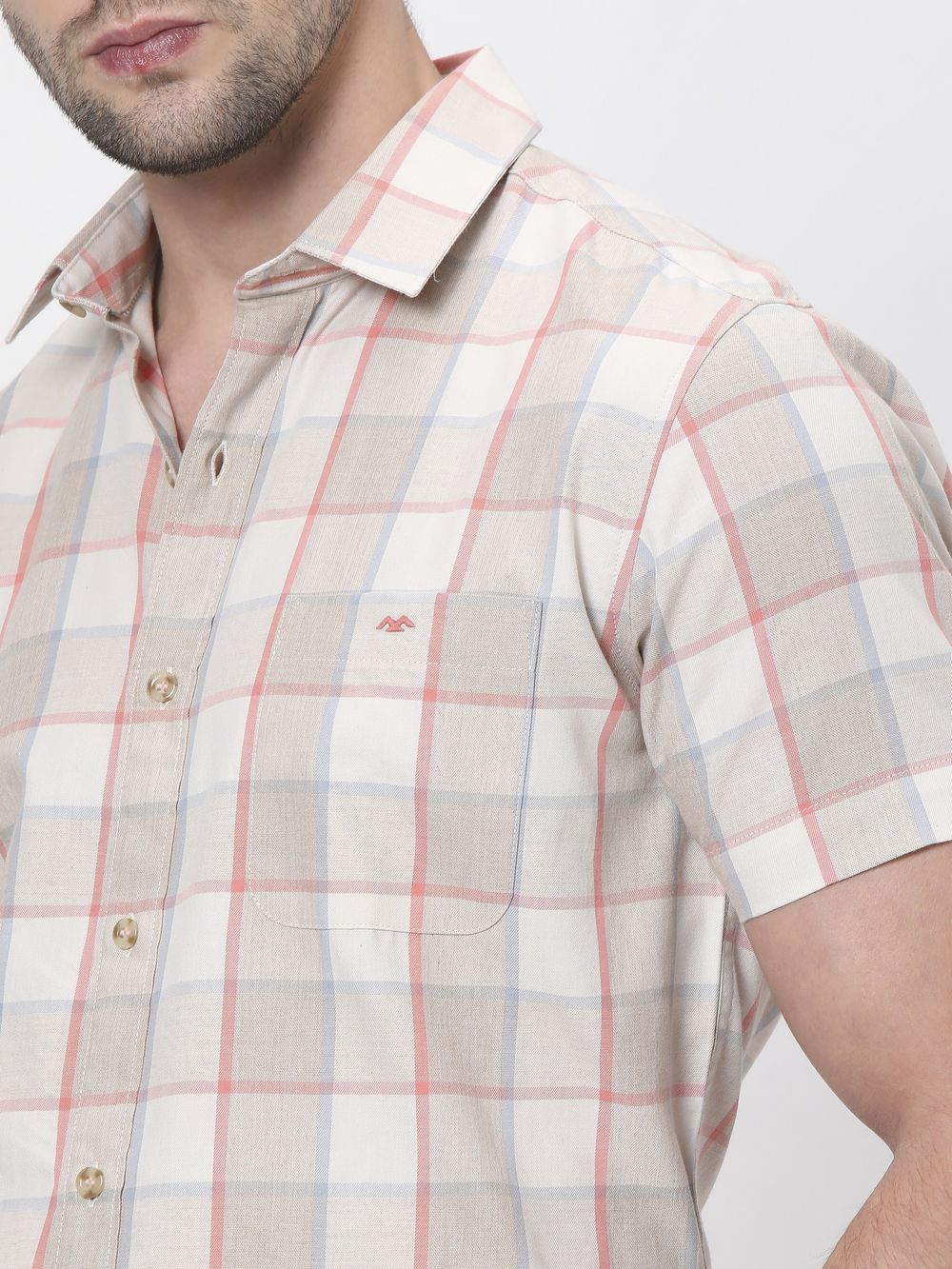 Light Khaki Square Check Slim Fit Casual Shirt