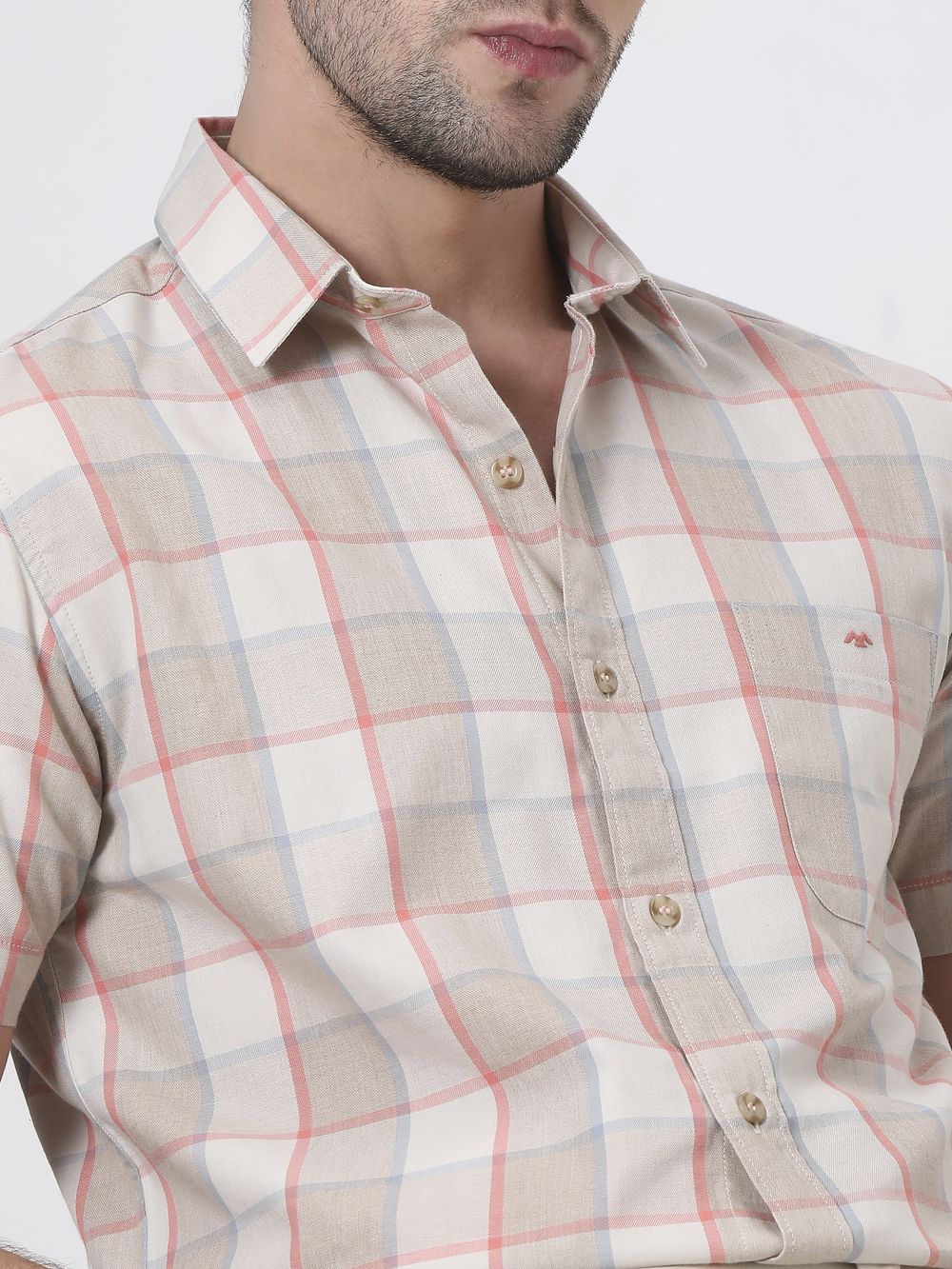 Light Khaki Square Check Slim Fit Casual Shirt