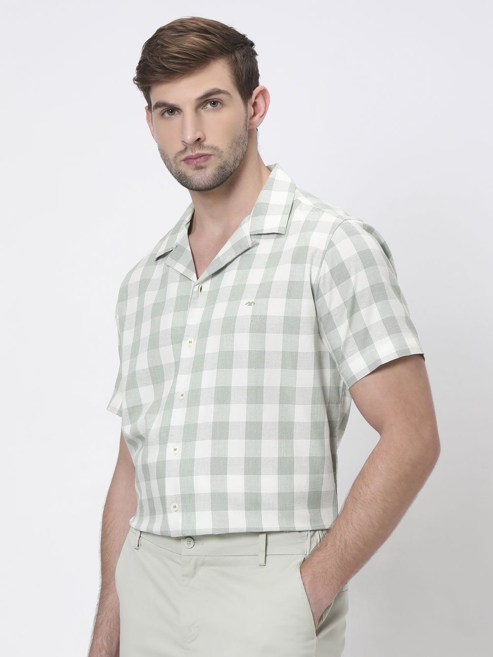 Light Green Square Check Relaxed Fit Casual Shirt