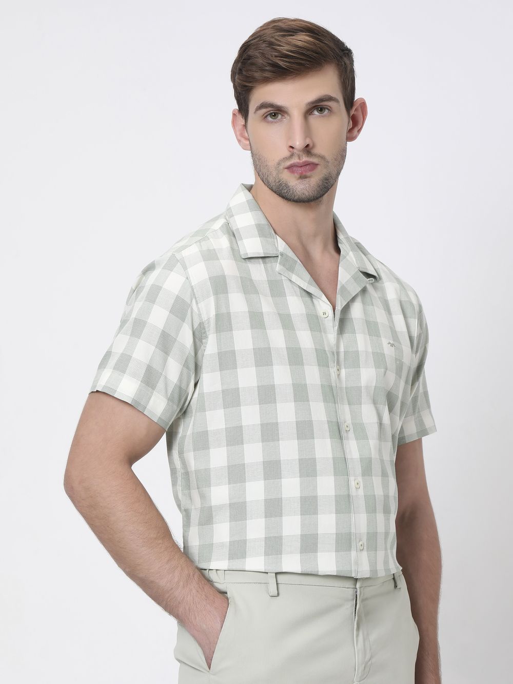 Light Green Square Check Relaxed Fit Casual Shirt
