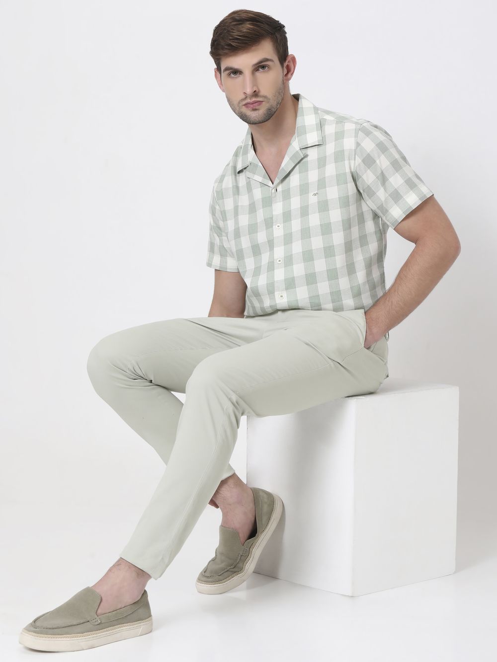 Light Green Square Check Relaxed Fit Casual Shirt