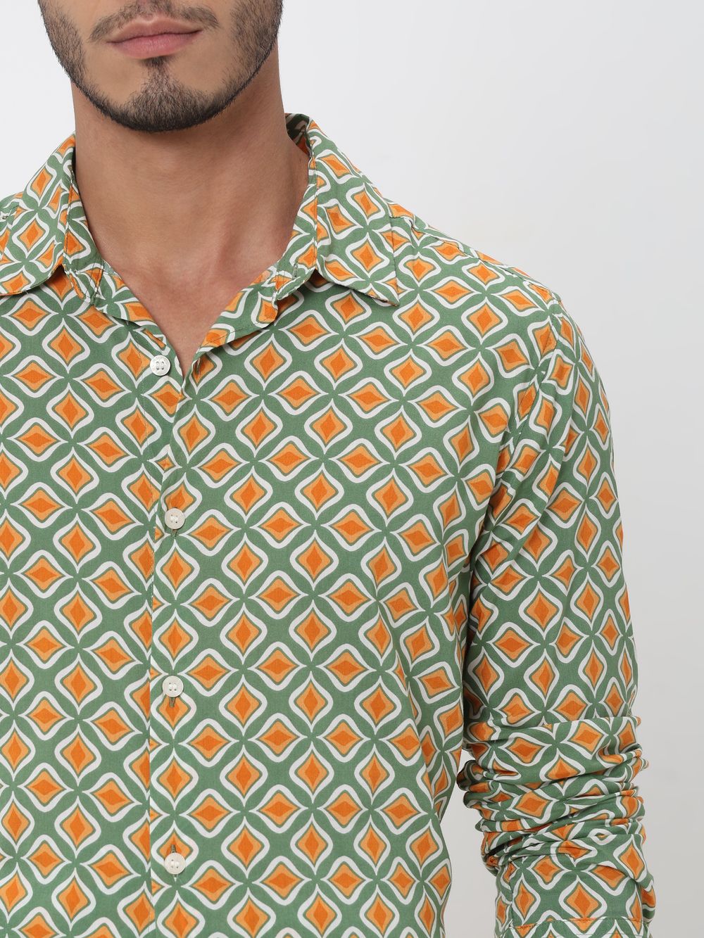 Green Geometric Print Slim Fit Casual Shirt