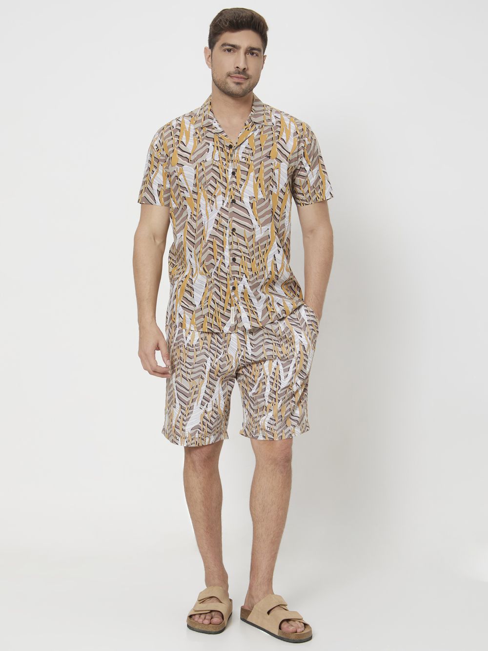 Light Khaki Digital Print Slim Fit Casual Shirt
