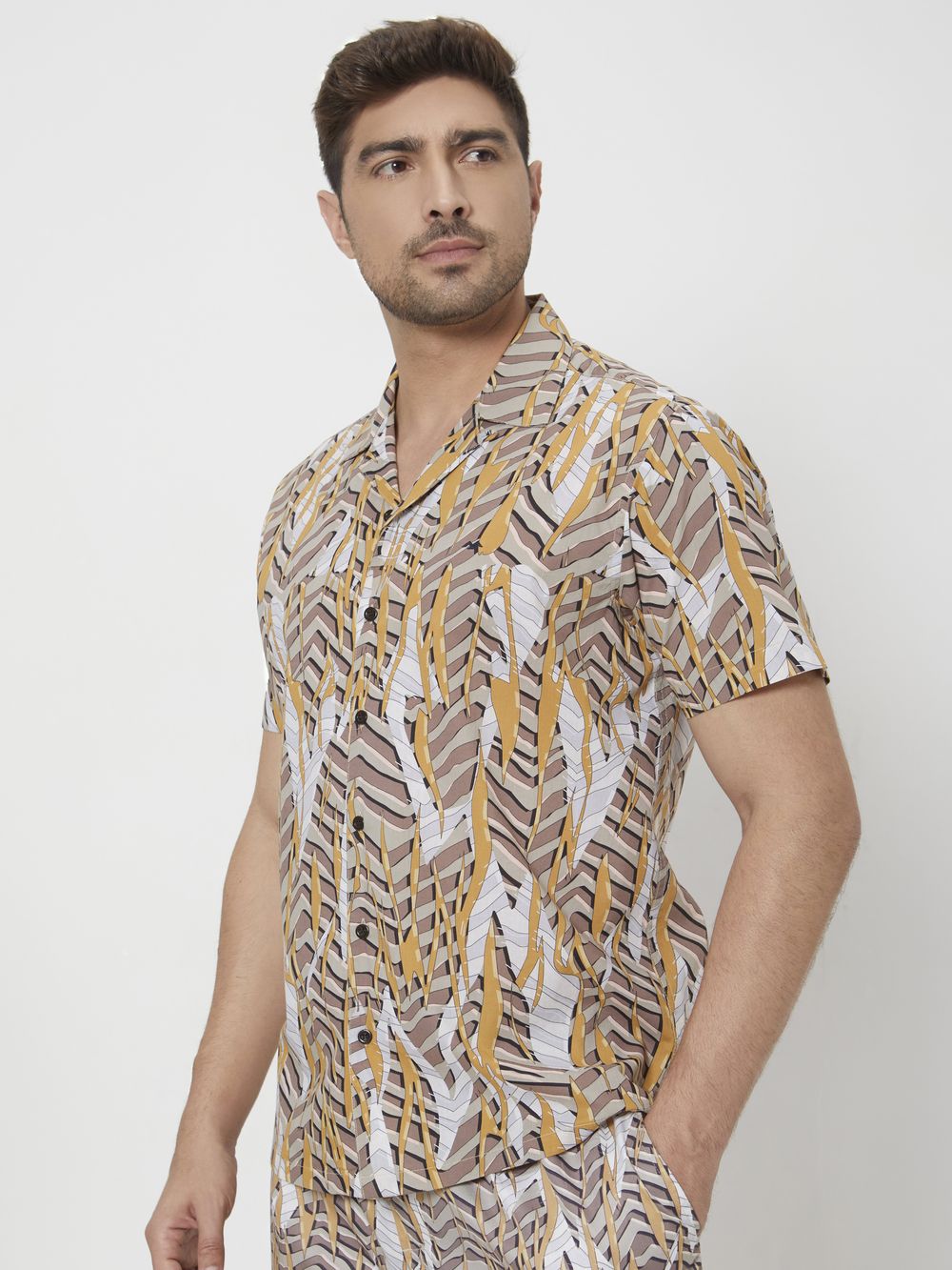 Light Khaki Digital Print Slim Fit Casual Shirt